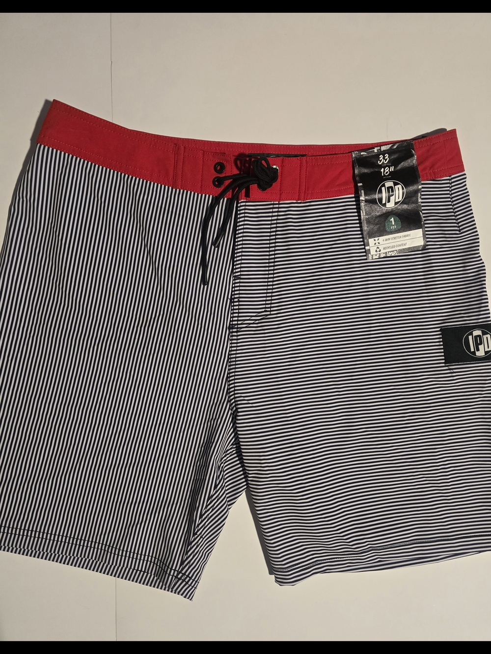 IPD Men’s Board Shorts/Swim Trunks With Red Waist Navy Stripes
